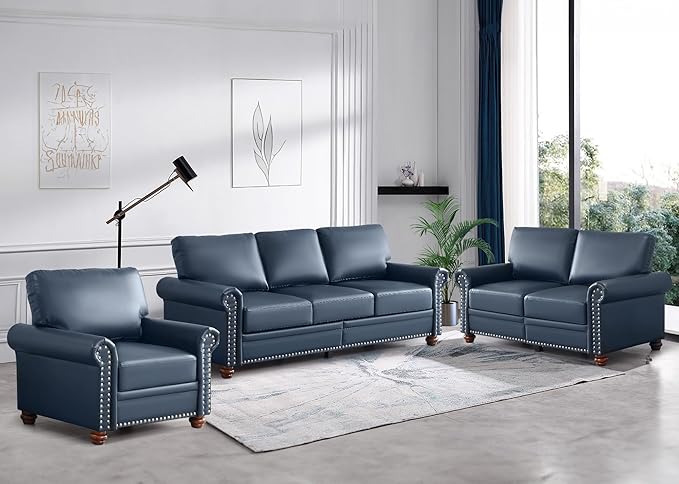 Faux Leather Sofa,82" W Mid Century Modern Couch with Storage Place,Oversized 3 Seater Sofa with Nailhead Trim&Rolled Armrests,Deep Seat Comfy Couch for Living Room,Bedroom,Apartment,Office(Navy)