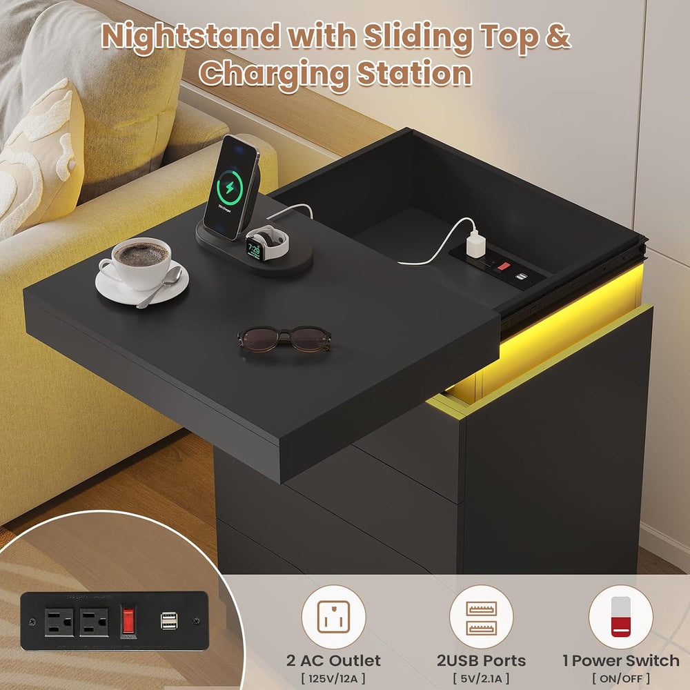 ADORNEVE Black Night Stand with Drawers and LED Lights | Bedside Table with C...