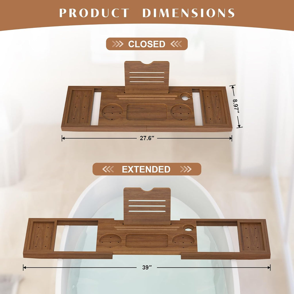 Teak Bathtub Tray, Expandable Wooden Bath Tray for Tub, Luxury Bath Caddy for Bathtub, Birthday & Wedding for Couple Bridal Shower Present, House Warming Gifts New Home