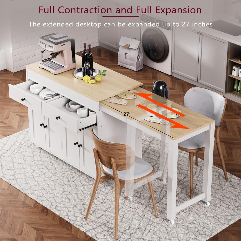 ZOEDO K&K 74.5 Inch Kitchen Island with Extendable Dining Table, Rolling ...