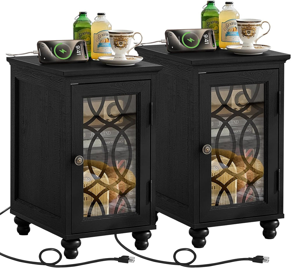 Joaxswe Narrow Side Table with Charging Station Set of 2, Night Stand with Gl...