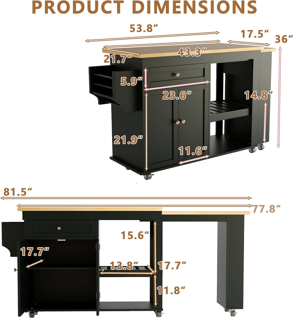 81.5" Kitchen Island with Extendable Dining Table, Rolling Kitchen Cart on Wheels with Spice Rack, Drawer and Door Cabinet for Dining Room, Black