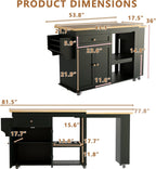 81.5" Kitchen Island with Extendable Dining Table, Rolling Kitchen Cart on Wheels with Spice Rack, Drawer and Door Cabinet for Dining Room, Black