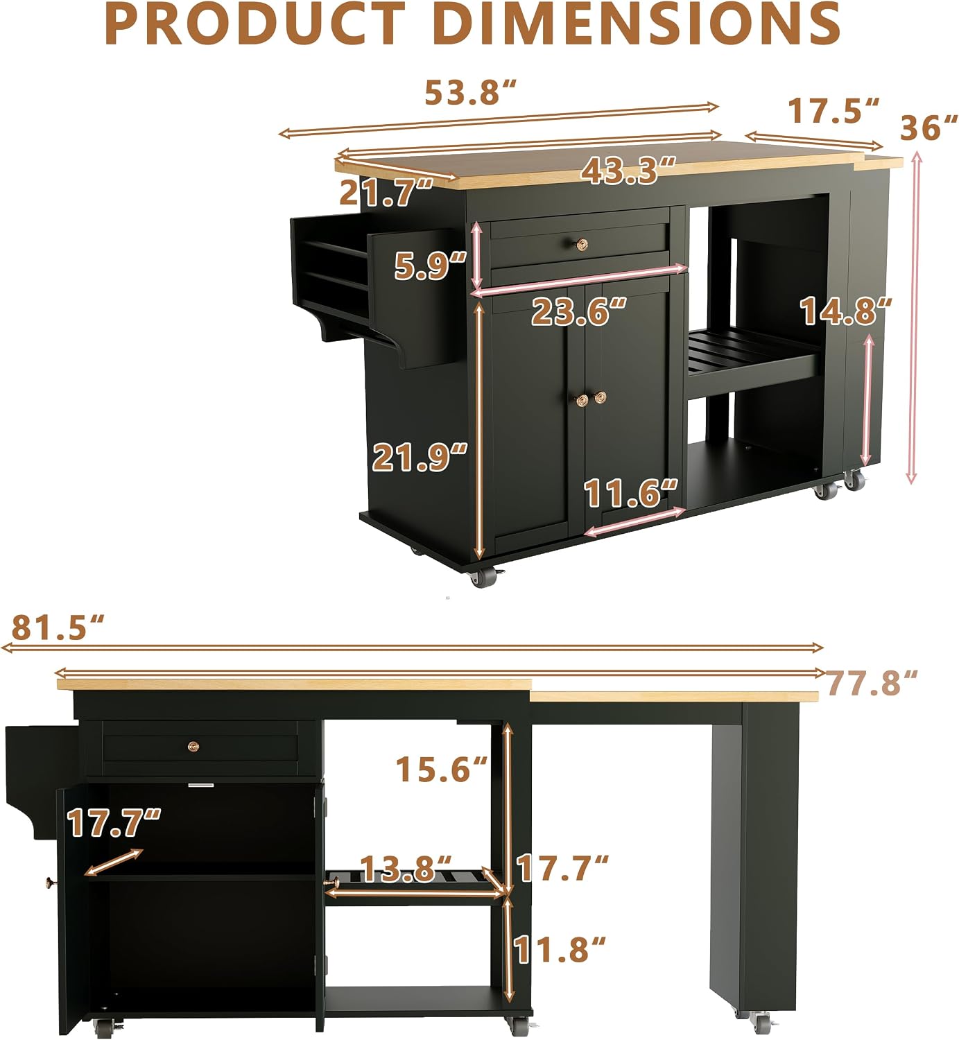 81.5" Kitchen Island with Extendable Dining Table, Rolling Kitchen Cart on Wheels with Spice Rack, Drawer and Door Cabinet for Dining Room, Black
