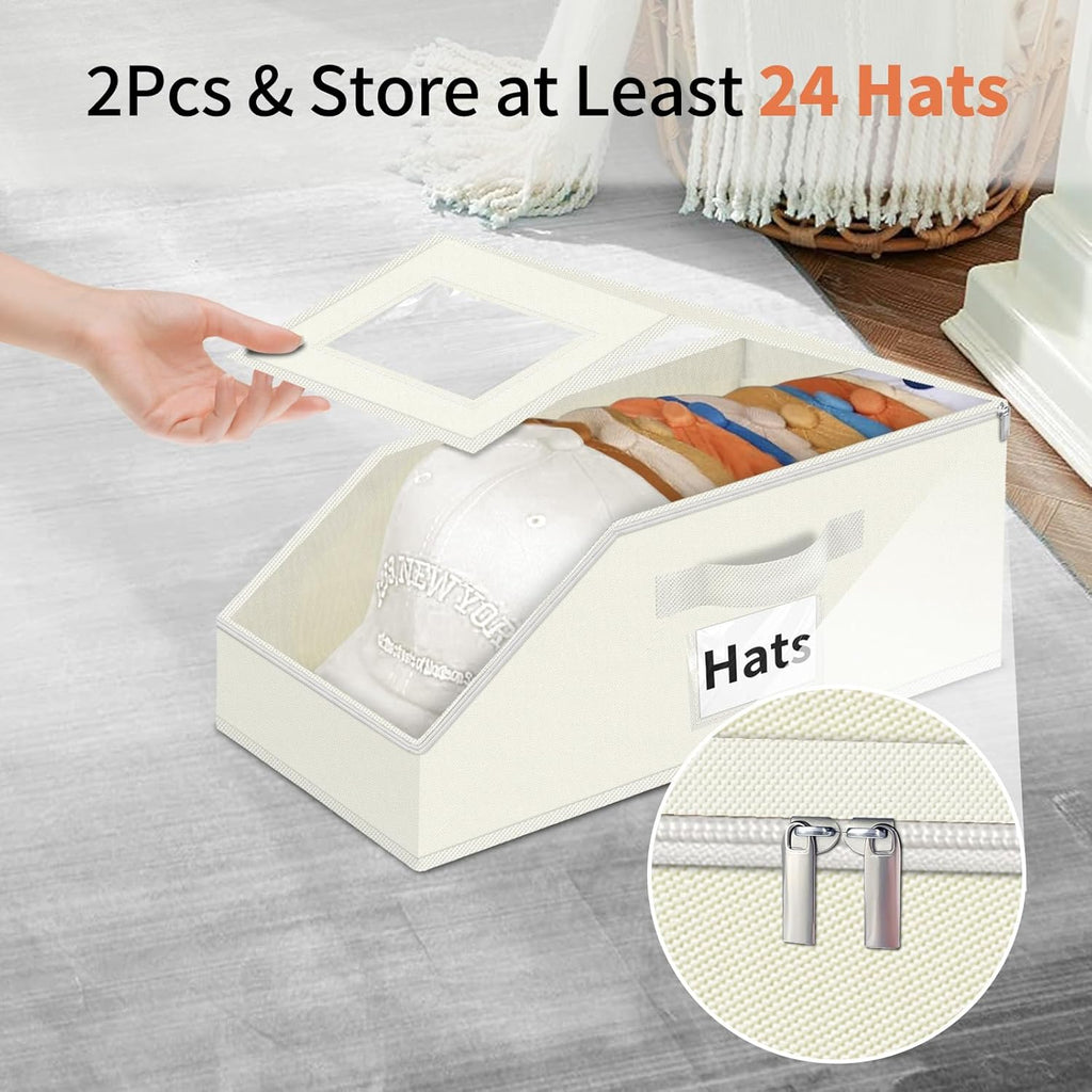 Hat Organizer for Baseball Caps - 2PCS Stackable Storage with Clear Window Lid, Flip-Top Access, Space-Saving Hat Box for Closet, Breathable Fabric (beige)