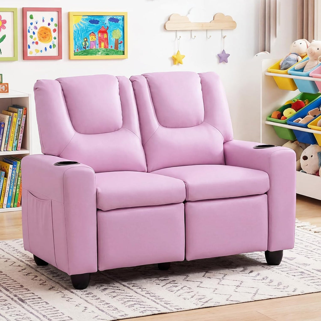 Costzon 2-Seater Kids Recliner, Double Toddler Sofa Chair w/2 Cup Holders & 2 Side Storage Pockets, PU Leather Kids Loveseat Couch w/Adjustable Backrest & Footrest for Girls & Boys 3+ Years Old