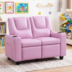 Costzon 2-Seater Kids Recliner, Double Toddler Sofa Chair w/2 Cup Holders & 2 Side Storage Pockets, PU Leather Kids Loveseat Couch w/Adjustable Backrest & Footrest for Girls & Boys 3+ Years Old