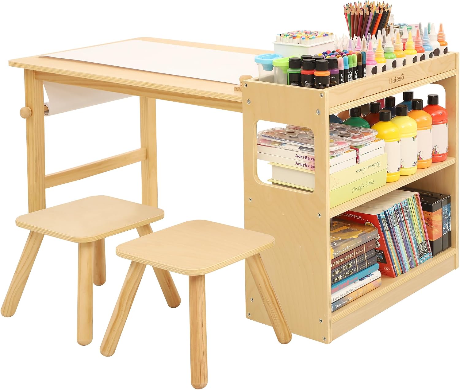 Bateso Kids Art Table and 2 Chairs Set with Roll Paper & Storage, Wooden Kid Craft Table for Drawing, Learning and Reading, Toddler Activity Play Desk for Home, Playroom or Classroom