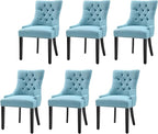 Modern Leisure Linen Dining Chairs Set of 6, Upholstered Dining Chair with Solid Wood Legs, Mid-Century Dining Room Chairs with Pull Ring and Tufted Backrest, Light Blue