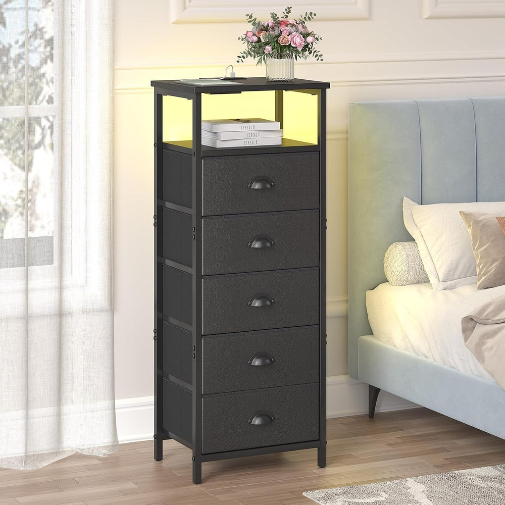 Nightstand with Charging Station,LED Black Nightstands with 5 Fabric Drawers ...