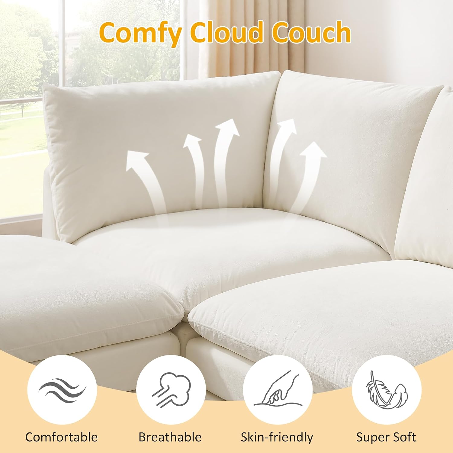 98" Cloud Modular Sectional Sofa Couches with Ottoman, Ivory White | Oversized Modern Sleeper Sofa with Deep Seat Double-Layer Thick Cushion, Convertible Upholstered Sofa Set for Living Room