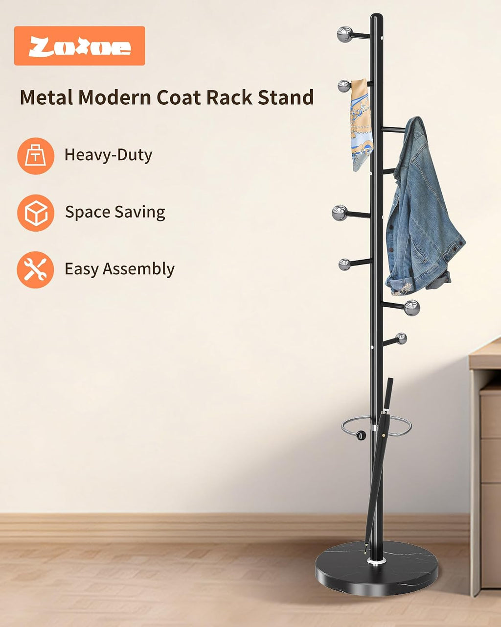 ZOZOE Metal Coat Rack Stand, Modern Coat Rack Freestanding with Natural Marble Base, Sturdy Industrial Coat Racks with 8 Hooks & Umbrella Holder,Black Coat Tree Hanger Stand for Entryway,Office