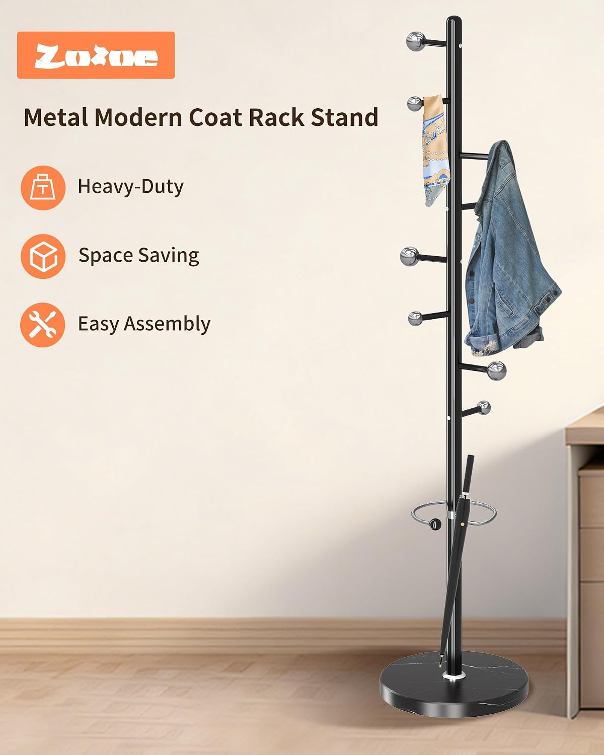 ZOZOE Metal Coat Rack Stand, Modern Coat Rack Freestanding with Natural Marble Base, Sturdy Industrial Coat Racks with 8 Hooks & Umbrella Holder,Black Coat Tree Hanger Stand for Entryway,Office