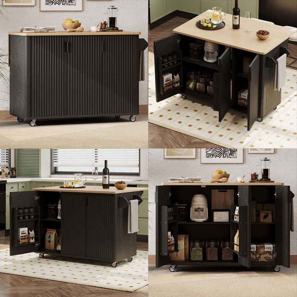 Floating Island Kitchen with Drop Leaf Countertop Internal Storage Rack, Kitc...