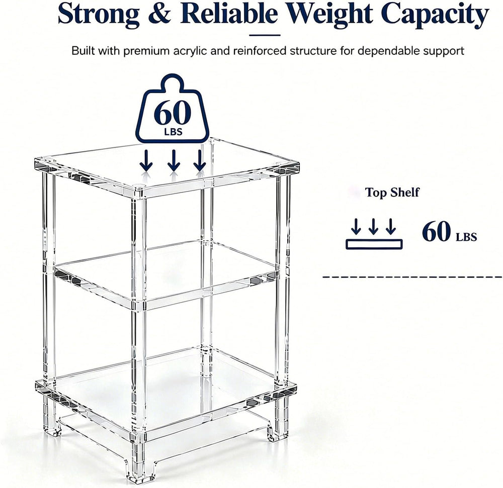 Thick Acrylic Side Shelf Table, 3-Tier Narrow Clear Acrylic End Table Nightst...