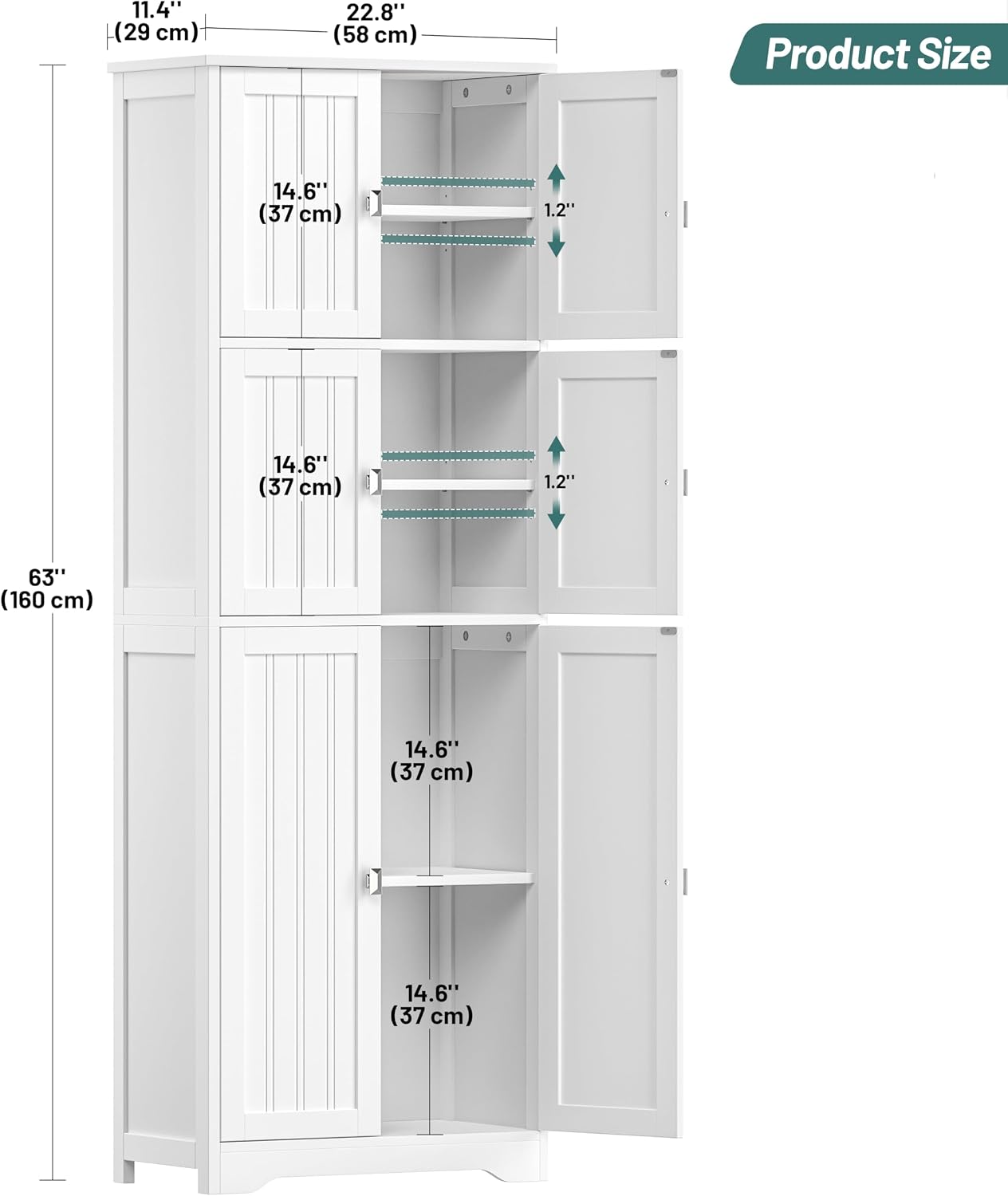 Tall Bathroom Storage Cabinet, 63" H Linen Floor Cabinet | Pantry Storage Cabinet with 6 Doors and Adjustable Shelves, for Bathroom, Living Room, Laundry Room, Kitchen, White