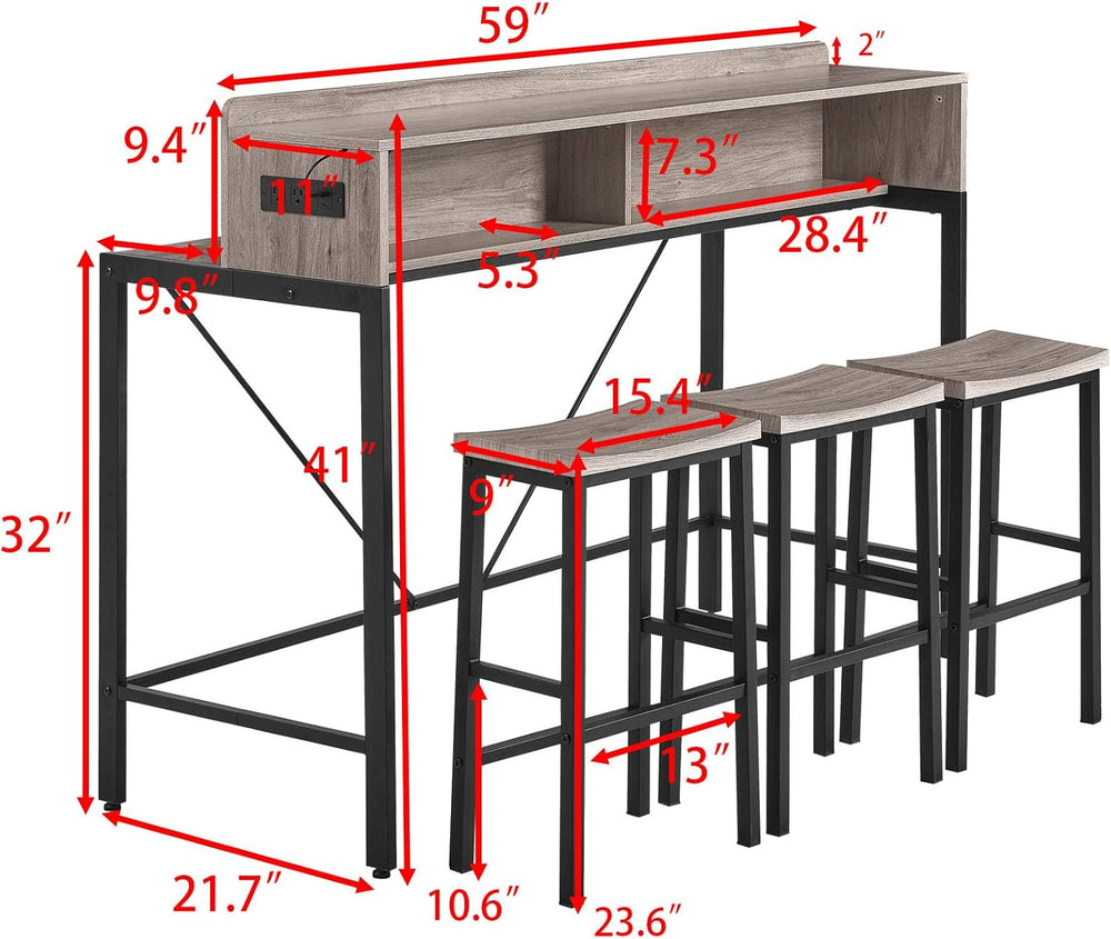 4-Piece Bar Table and Chairs Set with LED Light for Living Room (Gray) | 59&q...