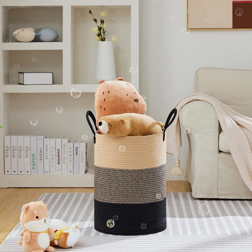 VIPOSCO Large Laundry Hamper, Tall Woven Rope Storage Basket for Blanket, Toys, Dirty Clothes in Living Room, Bathroom, Bedroom - 72L Brown & Black
