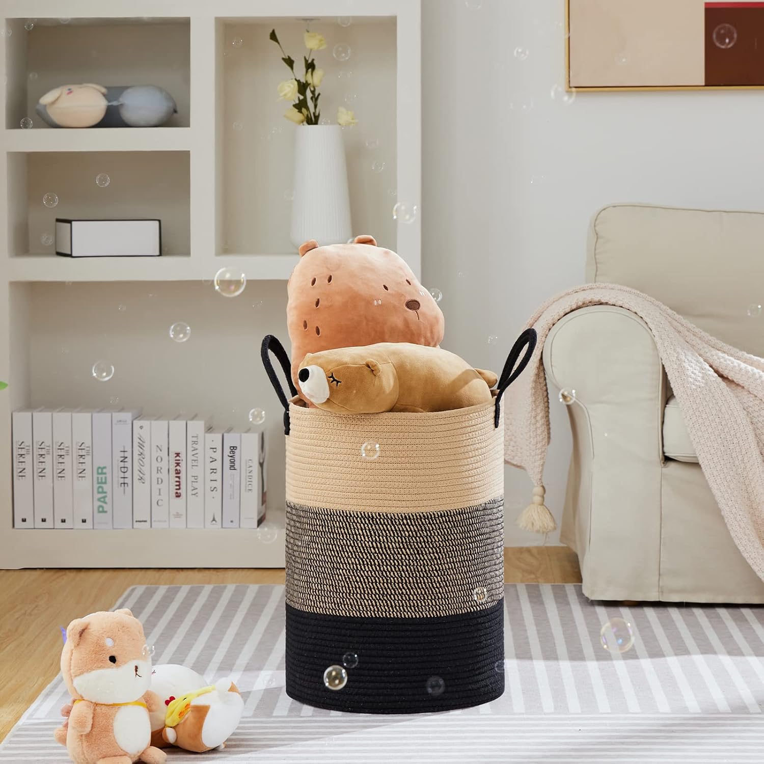VIPOSCO Large Laundry Hamper, Tall Woven Rope Storage Basket for Blanket, Toys, Dirty Clothes in Living Room, Bathroom, Bedroom - 72L Brown & Black
