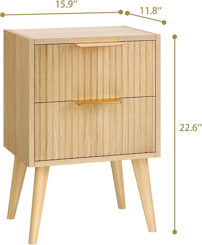 Fluted Nightstand with 2 Drawers,Modern Bedside Table with Metal Handles,Whit...