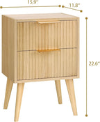 Fluted Nightstand with 2 Drawers,Modern Bedside Table with Metal Handles,White Side Table with Solid Wood Legs,Mid Century End Table for Living Room,Bedroom,Natural CTG55Y
