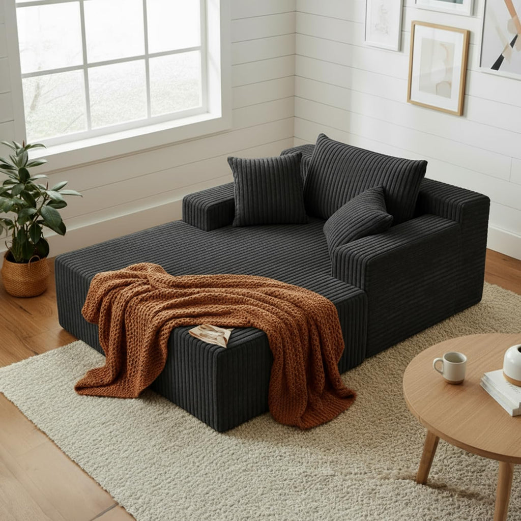 Chaise Lounge with Armrests, Oversized Sofa Bed with 3 Pillows, Cozy Couch, Sleeper Reading Chair for Living Room Bedroom, Floor Sofa Corduroy, Furniture Sala, Volcanic Ash
