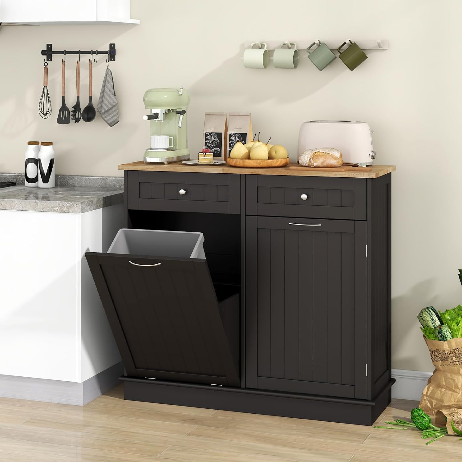 Tilt Out Trash Can Cabinet, Kitchen Island with Storage (Brown) | Large Cabinet & 2 Drawers, Adjustable Shelf, Hidden Garbage Can for Laundry, Kitchen, Bathroom
