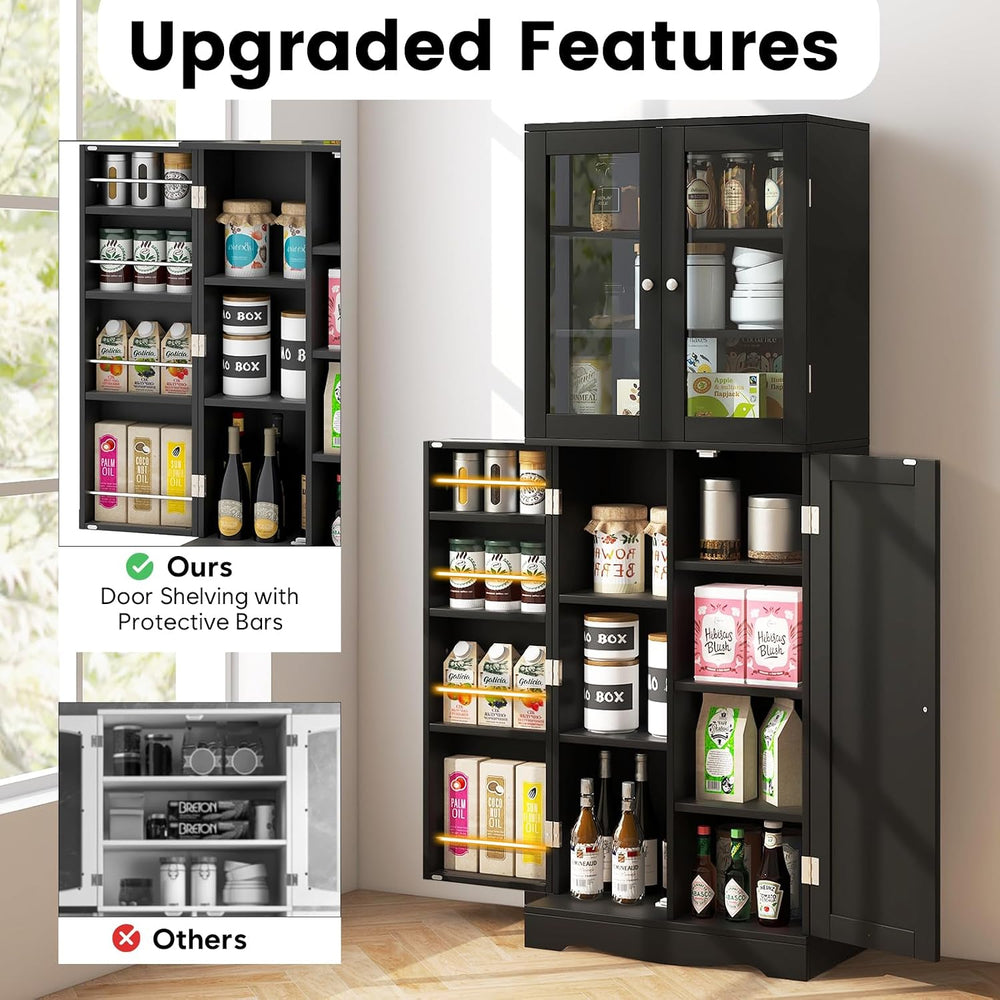 SlickBlue Tall Kitchen Pantry Cabinet with Tempered Glass Doors and Storage S...