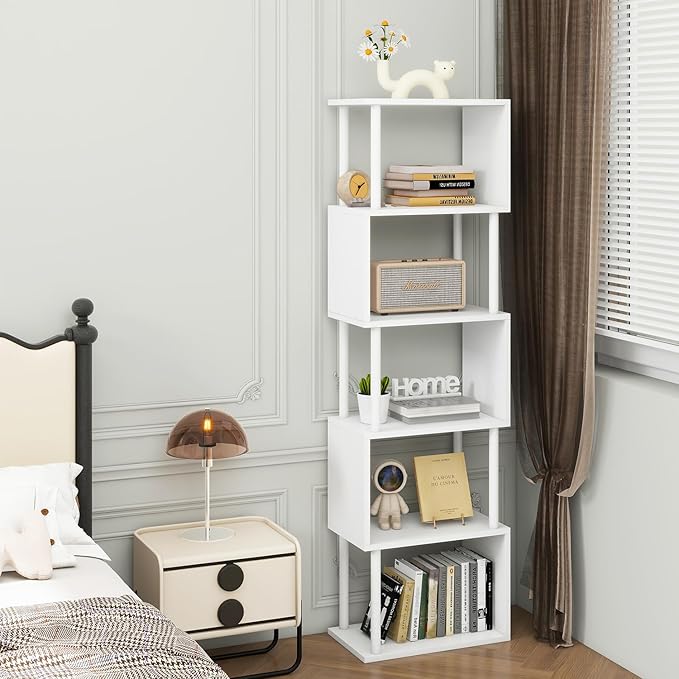 IBUYKE 6-Tier Tall Bookshelf,S-Shaped Geometric Bookcase, Wood Display Shelve...