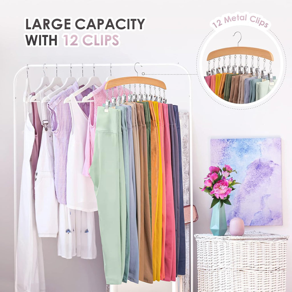 Leggings Hangers, Wooden Closet Hanging Leggings Storage Organizer Scarf Hangers with 24 Clips, 360° Swivel Hook, Burlywood, 2 Pcs