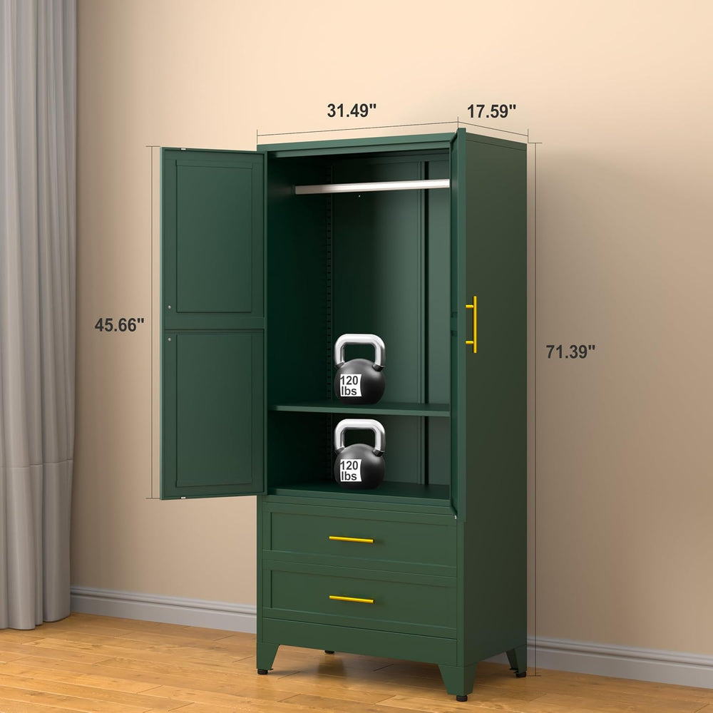 Metal Armoire Wardrobe Closet Cabinet with Hanging Rod, 2 Drawers