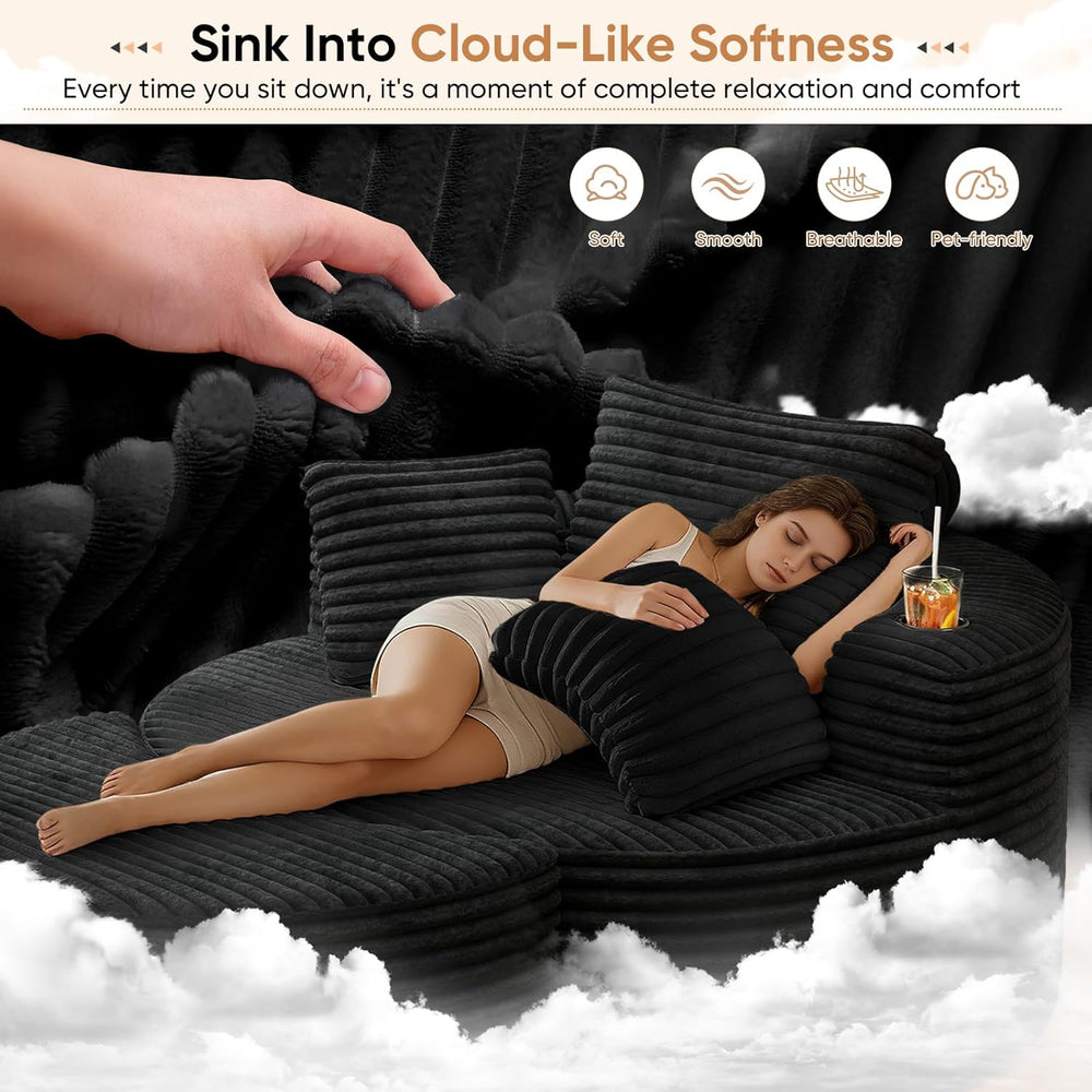 Oversized Round Chaise Longue Chair with Ottoman, Modern Corduroy Deep Seat C...