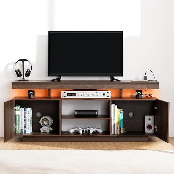HOMMPA LED TV Stand for 65/60/55 inch TV - Modern Entertainment Center with Power Outlets, Gaming Console Storage Media Table with LED Lights Game Cabinet for Living Room Walnut