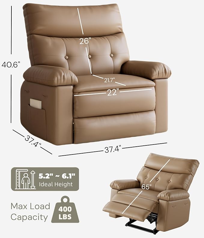 GarveeHome Oversized Recliner Chair - PU Leather Manual Recliner for Adults, Lazy Chair with 1.5X Sponge Comfort Arm and Back for Living Room, Bedroom