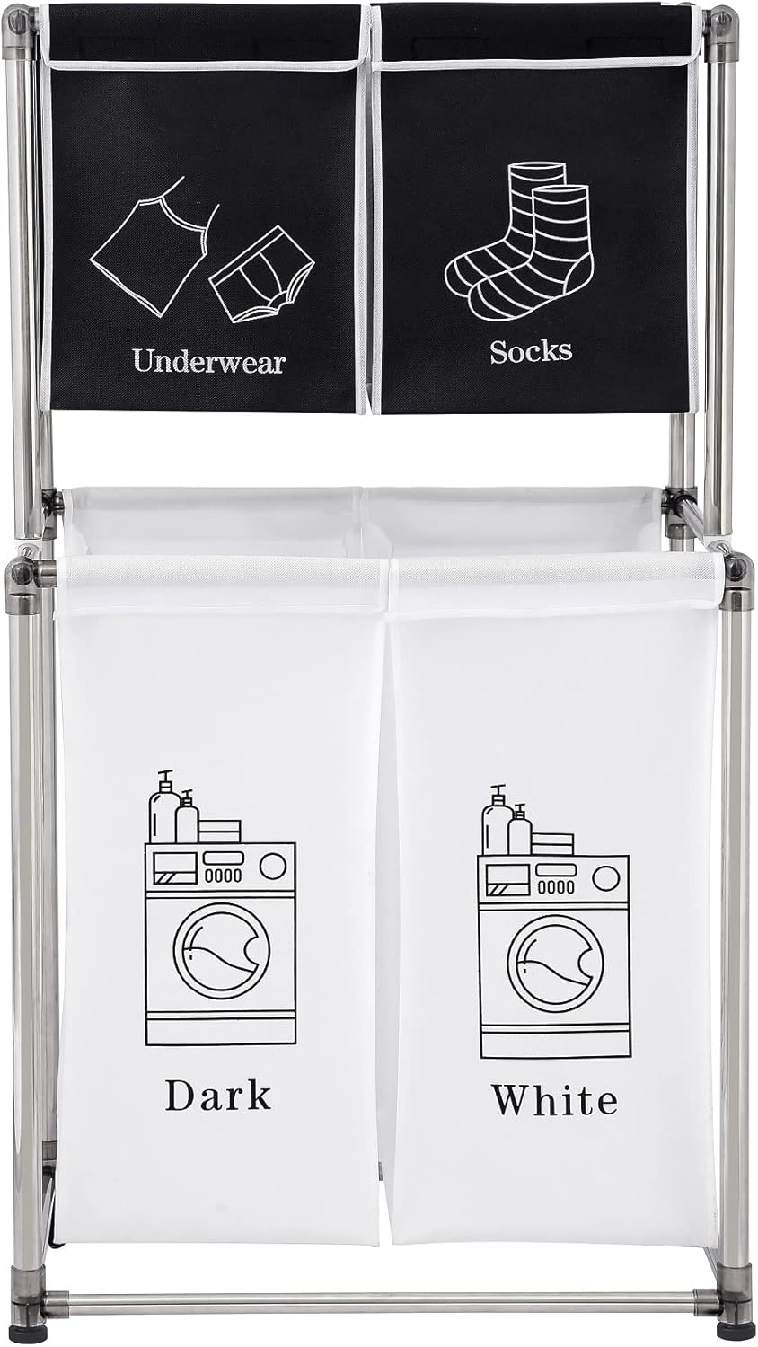 2 Tier Laundry Sorter with 4 Removable Bags for Organizing Clothes - Large Freestanding Laundry Hamper - Laundry Basket for Dirty Clothes in Laundry Room