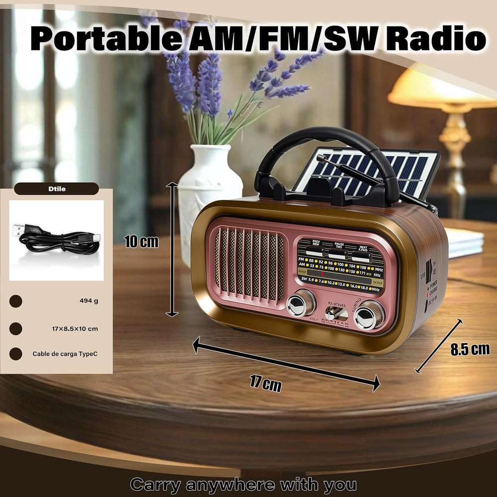 Portable AM FM SW Radio with Bluetooth, Retro Radio with Solar Panel