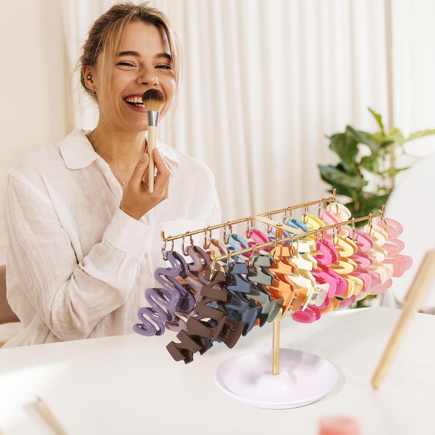Metal Headband Holder Organizer, 2-Tier Headband Storage with Tray, Hairband Display Stand with Golden Rings, Hair Accessories Claw Clip Organizer for Women and Girls (Gold)