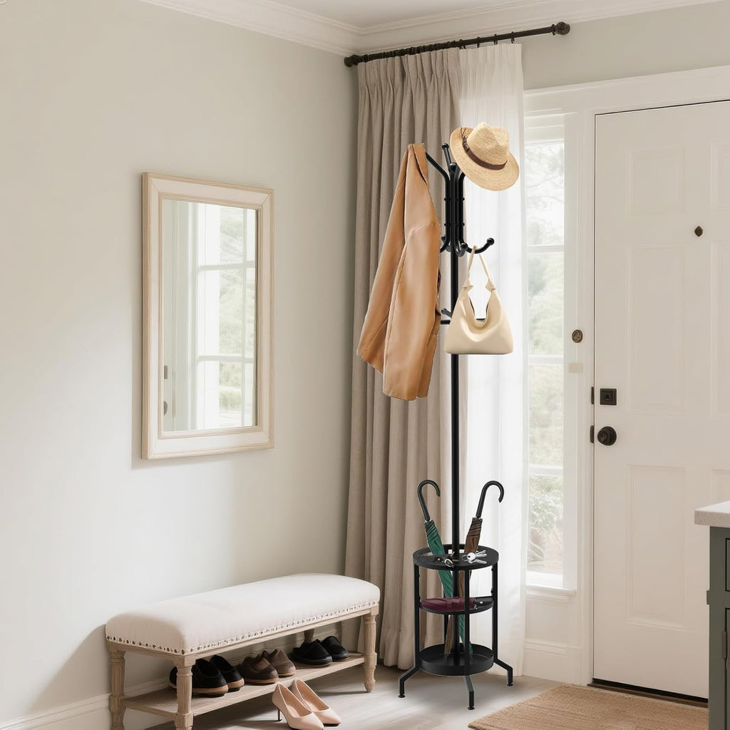 Coat Rack Freestanding, Coat Stand with Umbrella Holder, Metal Coat Tree with 12 Hooks, Coat Hanger Stand for Entryway, Coat Rack Stand for Bedroom, Living Room & Office