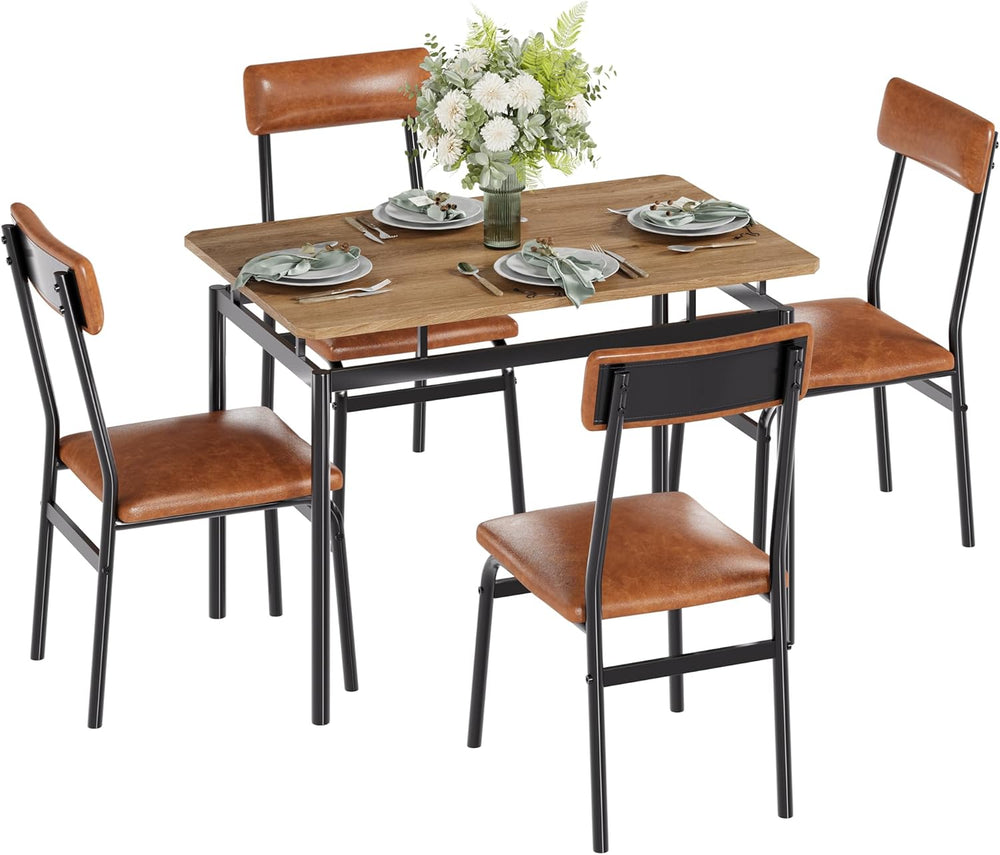 Garvee Dining Table Set for 4, 5 Piece Wooden Dining Table and Chairs, 4 PU U...