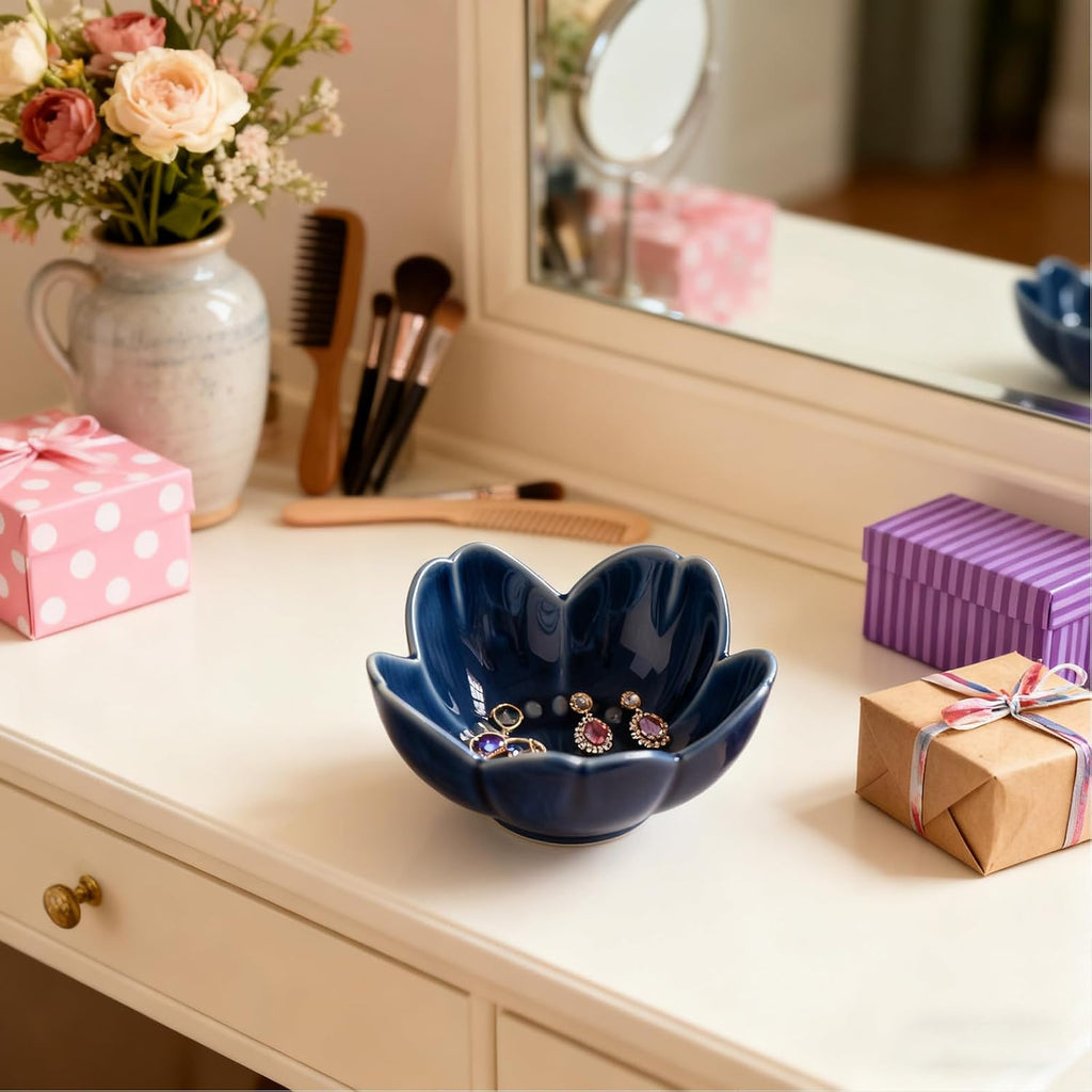 Blue Flower Ring Dish Jewelry Tray, Ceramic Jewelry Dish, Small Trinket Tray, Nightstand Bathroom Decor Ring Holder, Jewlery Plate Bowl for Christmas Friendship Birthday Gifts for Women Mom