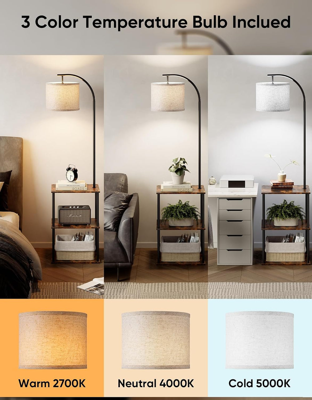 PARTPHONER Floor Lamp with Table, Night Stand with Lamp, Narrow Side Table wi...