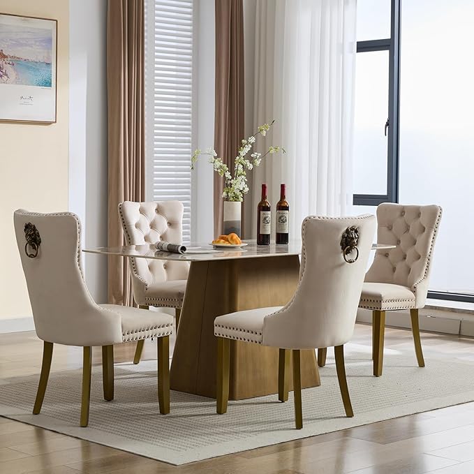 Beige Velvet Dining Chairs Set of 4, Upholstered with Lion Head Pulls and Golden Solid Wood Legs, Modern Button Tufted Kitchen Chairs for Dining Room