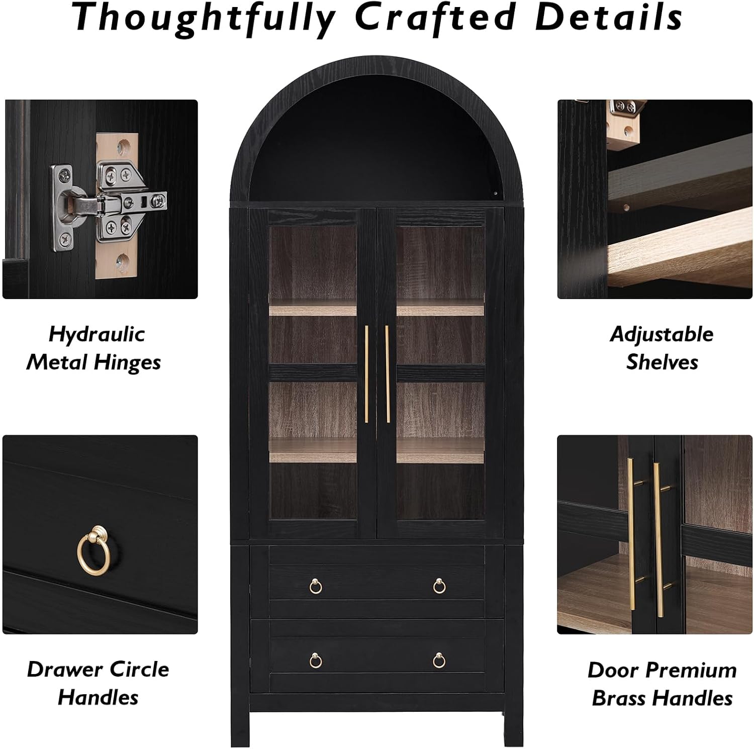 71" Tall Arched Kitchen Pantry, Modern Farmhouse Storage Cabinet with 2 Glass Doors, Adjustable Shelves, Rustic Wood Cupboard with 2 Drawers for Kitchen, Dining Room, Black