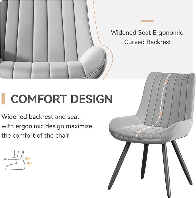 Dining Chairs Set of 2, Mid Century Modern Kitchen Chairs with Soft Cushion, Comfortable Upholstered Fabric Dining Room Chairs for Kitchen, Light Grey