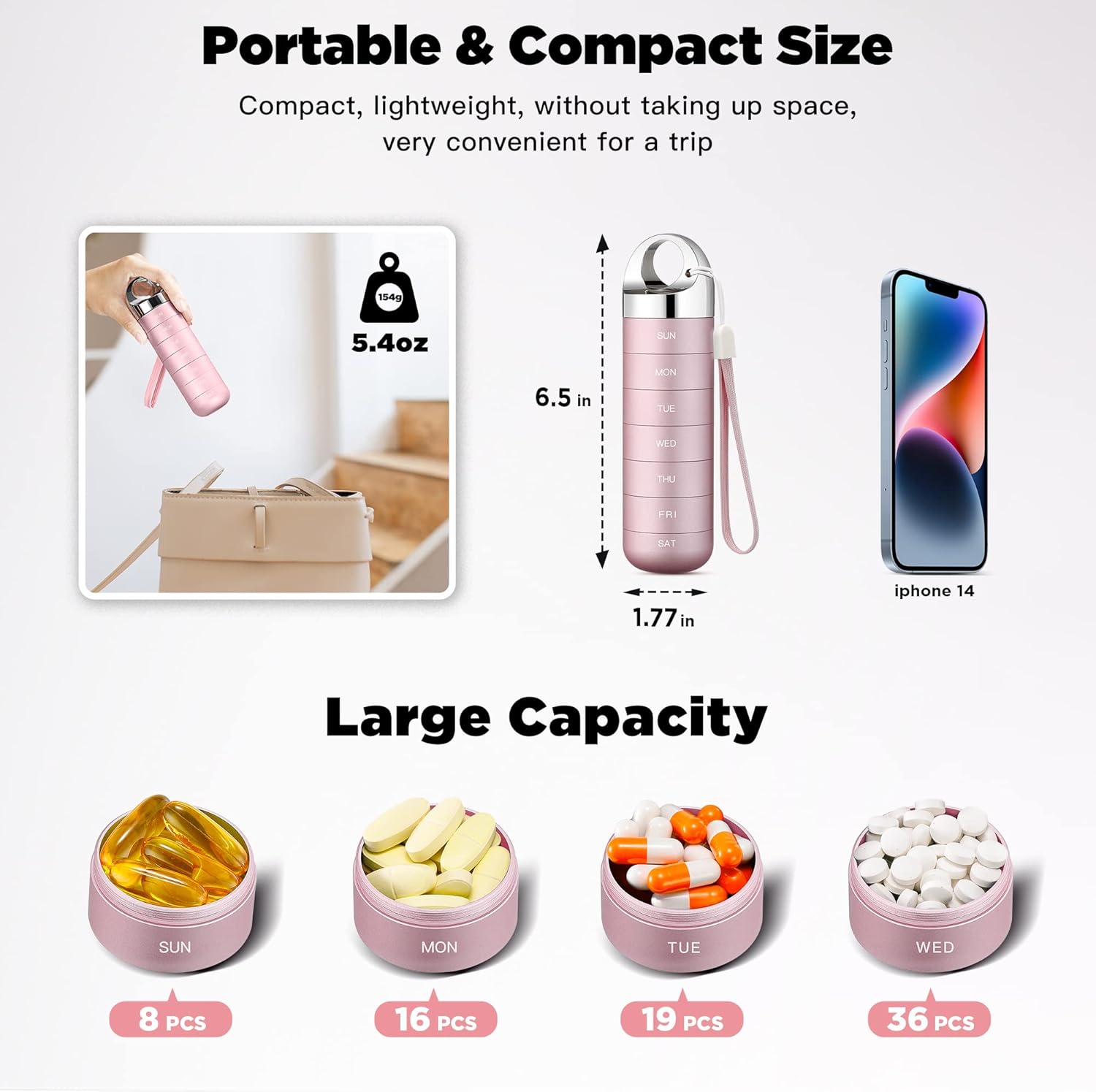 Zannaki Metal Travel Pill Organizer, Portable Waterproof Weekly Pill Box, Large Aluminum Alloy Container, BPA Free 7 Day Daily Medicine Organizer Holder for Vitamin, Fish Oil, Supplement