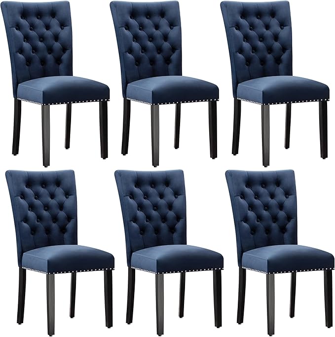 Velvet Dining Chairs Set of 6, Upholstered Dining Room Chairs with Wooden Legs & Nailed Trim, Parsons Kitchen Chair 350 LBS Capacity, Blue