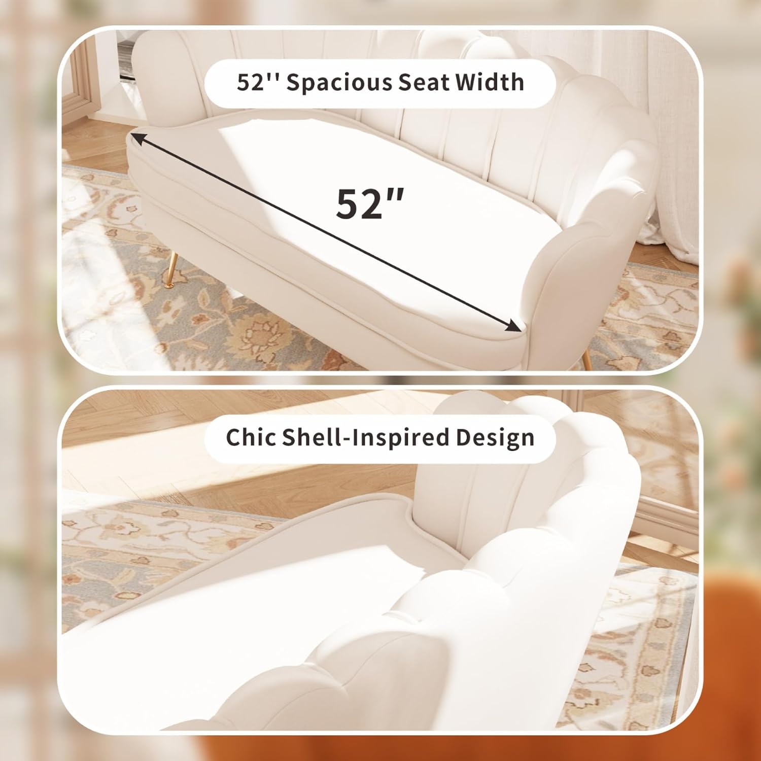 59'' Loveseat Sofa, Comfy Chenille 2-Seater Sofa with Gold Legs, Modern Shell Accent Couch for Studio, Living Room, Store, Office (Beige Chenille).