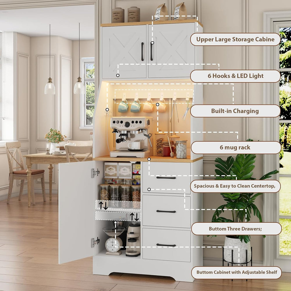 LLappuil 67" Kitchen Pantry with LED Light & Outlet, Kitchen Hutch w...