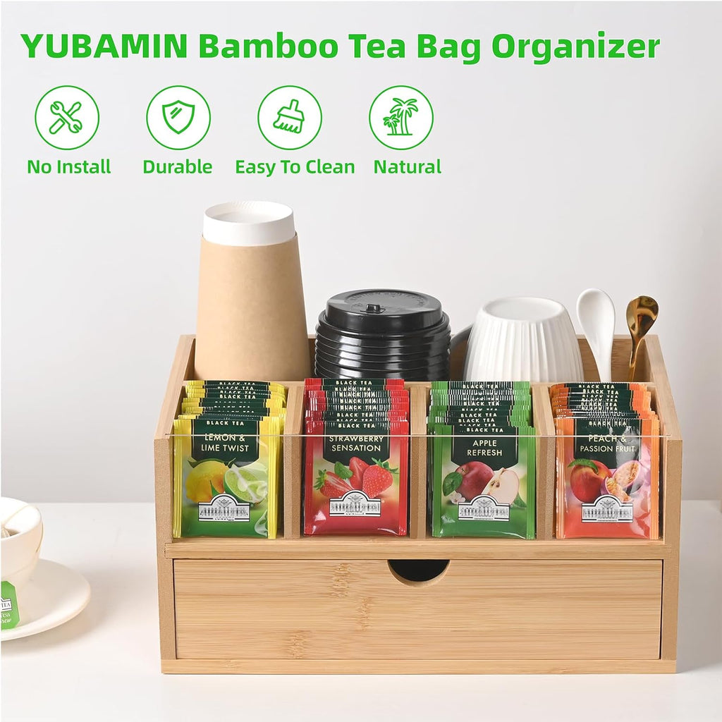 Tea Bag Organizer, Bamboo Tea Organizers and Storage, Tea Box Organizer Storage Box with Drawer, Portable Tea Bag Holder Organizer, Tea Storage Organizer for Countertop, Pantry, Kitchen