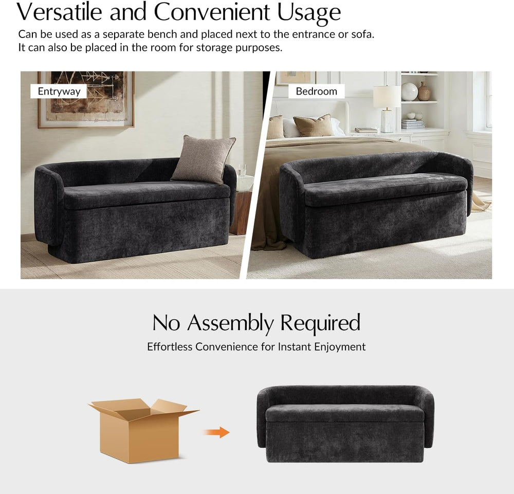 HULALA HOME 61" Bedroom Storage Bench with Low Backrest, Black | Upholst...